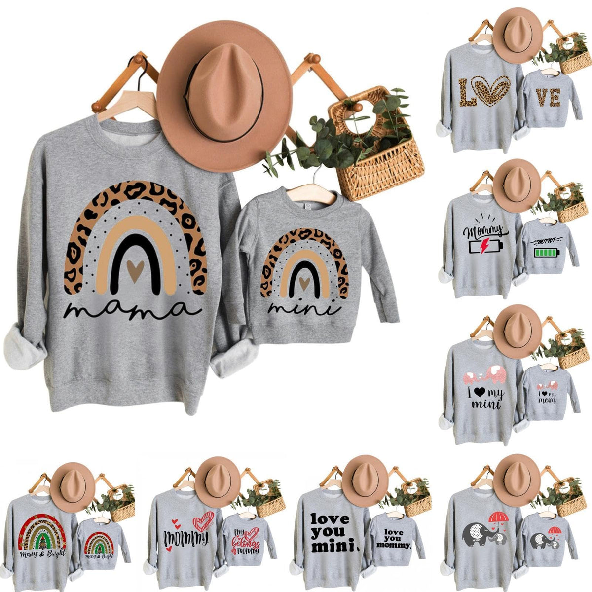 HIUARA Crewneck Sweatshirts Mommy and Me Matching Outfits Xmas Print Long Sleeve Shirts Family Matching Pullover